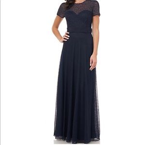 JS Illusion Neck Short Sleeve Beaded Bodice Gown